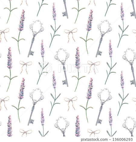 Seamless provence pattern, lavender, vintage key, bow. Hand-painted watercolor illustration isolated on white for textile, packaging, stationery, wallpaper, branding, wedding design, romantic decor Seamless provence pattern, lavender, vintage key, bow. Hand-painted watercolor illustration isolated on white for textile, packaging, stationery, wallpaper, branding, wedding design, romantic decor 136006293
