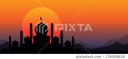 Majestic Mosque Silhouette for Ramadan Kareem and Islamic Celebrations Majestic Mosque Silhouette for Ramadan Kareem and Islamic Celebrations 136006626