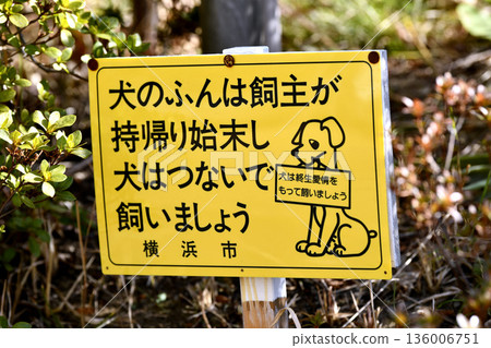 日本橫濱市的城市景觀：「狗主人應該把狗糞帶回家清理乾淨，並用牽引繩拴住狗」以及「狗是一生的摯愛…」= 橫濱市 136006751