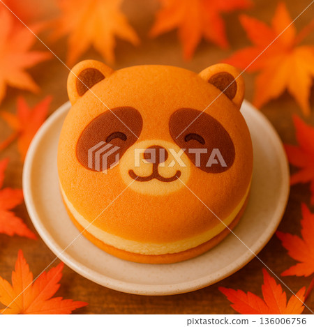 可愛的熊貓銅鑼燒，周圍環繞著秋葉。 136006756