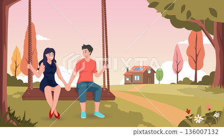 Happy couple sitting on a swing in nature with a large floral heart wreath framing a sunset landscape with a house behind them. Vector illustration. Happy couple sitting on a swing in nature with a large floral heart wreath framing a sunset landscape with a house behind them. Vector illustration. 136007132