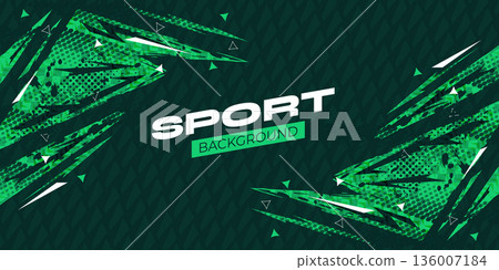 Modern and Energetic Sport Background with Sharp Green Shapes, Splashes, and Halftone Patterns. Abstract and Grunge Sport Banner and Poster Design Modern and Energetic Sport Background with Sharp Green Shapes, Splashes, and Halftone Patterns. Abstract and Grunge Sport Banner and Poster Design 136007184