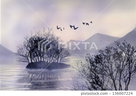 Migratory birds flying over a winter lake and foggy landscape Migratory birds flying over a winter lake and foggy landscape 136007224