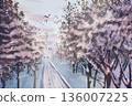 候鳥飛越白雪皚皚的道路和森林景色 136007225