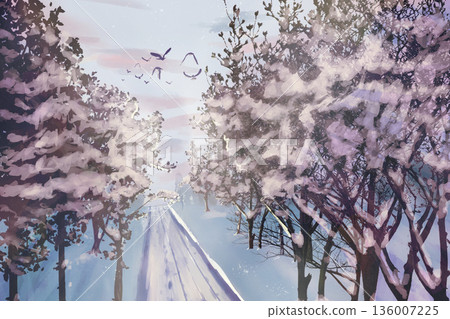 候鳥飛越白雪皚皚的道路和森林景色 候鳥飛越白雪皚皚的道路和森林景色 136007225