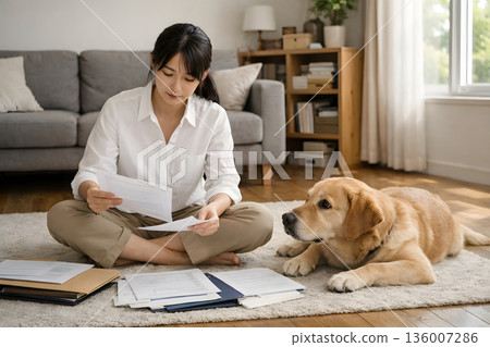 Working on the floor at home with a dog 136007286