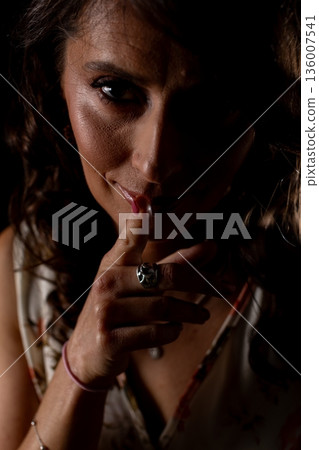 Mysterious elegant gaze, Intimate shadowed woman expression, Sultry lady with secretive luminous charm, Nighttime scene featuring veiled woman with shimmering skin Mysterious elegant gaze, Intimate shadowed woman expression, Sultry lady with secretive luminous charm, Nighttime scene featuring veiled woman with shimmering skin 136007541