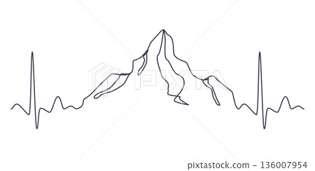 One Line Mountain Landscape Between Heartbeats. Continuous Line Love and Tourism Concept. One Line Mountain Landscape Between Heartbeats. Continuous Line Love and Tourism Concept. 136007954