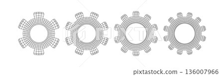 Monochrome Wireframe Grid Gear Cog Set. Abstract Geometric Gear Cog Shape Monochrome Wireframe Grid Gear Cog Set. Abstract Geometric Gear Cog Shape 136007966