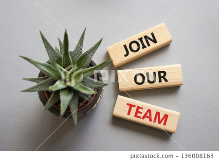 Join our team symbol. Wooden blocks with words Join our team. Beautiful grey background with succulent plant. Business and Join our team concept. Copy space. 136008163