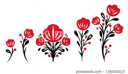 Set of decorative folk floral elements in red and black colors. Bold flat vector style inspired by traditional ornaments Set of decorative folk floral elements in red and black colors. Bold flat vector style inspired by traditional ornaments 136008323