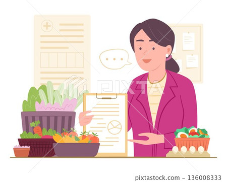 Dietitian or Nutritionist Give an Advice List on Healthy Dieting with Protein, Vegetables and Fruits for Healthy Food Eating and Healthcare Concept Illustration Dietitian or Nutritionist Give an Advice List on Healthy Dieting with Protein, Vegetables and Fruits for Healthy Food Eating and Healthcare Concept Illustration 136008333