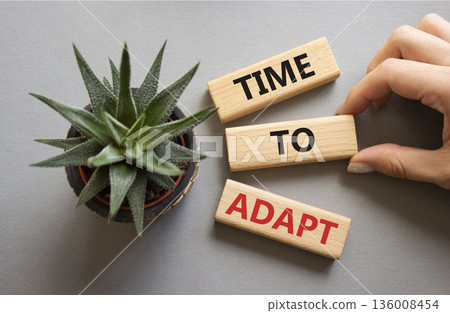 Time to Adapt. Wooden blocks with words Time to Adapt. Beautiful grey background. Businessman hand. Business and Manage and Time to Adapt concept. Copy space. Time to Adapt. Wooden blocks with words Time to Adapt. Beautiful grey background. Businessman hand. Business and Manage and Time to Adapt concept. Copy space. 136008454