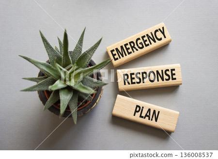 Emergency Response Plan symbol. Concept words Emergency Response Plan on wooden blocks. Businessman hand. Beautiful grey background with succulent. Business and Emergency Response Plan concept. Copy 136008537