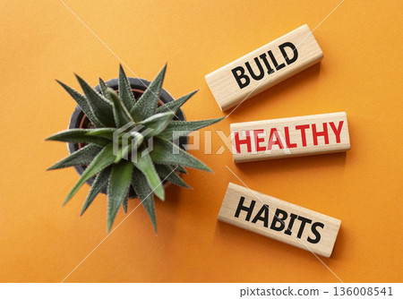 Healthy habits symbol. Concept word Build Healthy habits on wooden blocks with succulent. Beautiful orange background. Healthy lifestyle and Healthy habits concept. Copy space Healthy habits symbol. Concept word Build Healthy habits on wooden blocks with succulent. Beautiful orange background. Healthy lifestyle and Healthy habits concept. Copy space 136008541