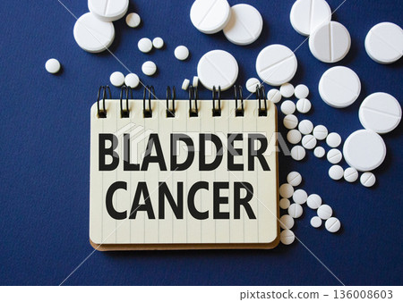 Bladder Cancer symbol. Concept word Bladder Cancer on notebook. Beautiful deep blue background with pills. Medicine and Bladder Cancer concept. Copy space Bladder Cancer symbol. Concept word Bladder Cancer on notebook. Beautiful deep blue background with pills. Medicine and Bladder Cancer concept. Copy space 136008603