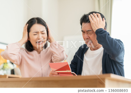 A middle-aged couple looking at their savings passbook in the living room A middle-aged couple looking at their savings passbook in the living room 136008693