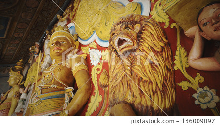 Intricate Carvings of Deities and Lion in Temple Intricate Carvings of Deities and Lion in Temple 136009097