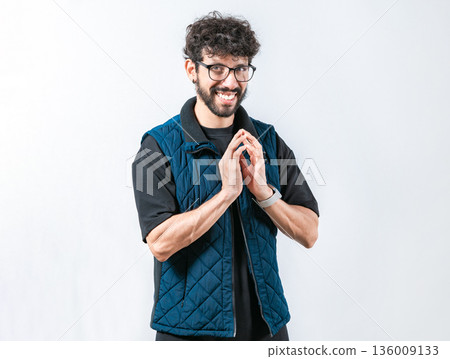 Cunning young man rubbing hands making plan isolated. Person evil rubbing hands planning Cunning young man rubbing hands making plan isolated. Person evil rubbing hands planning 136009133