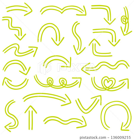 Illustration of a double-lined hand-drawn arrow set (yellow-green) Illustration of a double-lined hand-drawn arrow set (yellow-green) 136009255