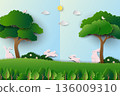 Easter nature background,Spring garden with cute cartoon rabbits family happy on sunshine day 136009310