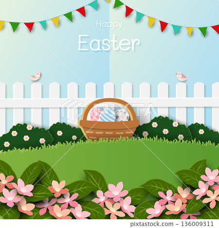 Happy Easter greeting card,celebrate theme on beautiful spring garden with easter eggs 136009311