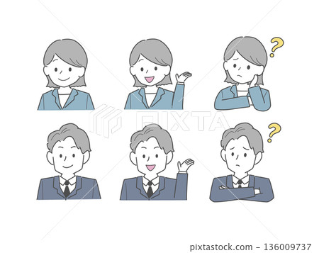 身穿西裝的男女各種表情（線條畫） 136009737
