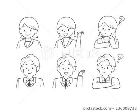 身穿西裝的男女各種表情（線條畫） 136009738