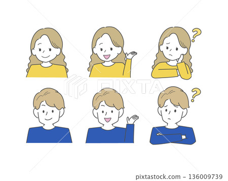 身著休閒服的男女各種臉部表情（彩色） 136009739