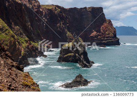 Jagged volcanic cliffs and offshore sea stacks at Point of Saint Lawrence Madeira coast Atlantic 136009773