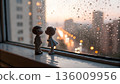 Romantic Miniature Couple on a Rain-Kissed Window Ledge with Glowing City Lights and Pastel Dusk Tones 136009956