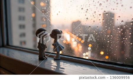 Romantic Miniature Couple on a Rain-Kissed Window Ledge with Glowing City Lights and Pastel Dusk Tones 136009956