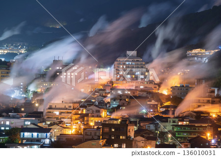 Beppu town with motion steam of hot spring bath houses, Oita 136010031
