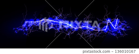 Lightning Thunderbolt Strike Black Night Background, Blue Glow Light Effect Thunder Bolt. Realistic Spark Lightening Discharge Burst, Electric Shock Current. Energy Charge Line. Vector Illustration. 136010167