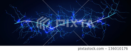 Lightning Thunderbolt Strike Black Night Background, Blue Glow Light Effect Thunder Bolt. Realistic Spark Lightening Discharge Burst, Electric Shock Current. Energy Charge Line. Vector Illustration. Lightning Thunderbolt Strike Black Night Background, Blue Glow Light Effect Thunder Bolt. Realistic Spark Lightening Discharge Burst, Electric Shock Current. Energy Charge Line. Vector Illustration. 136010176