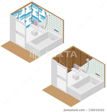 Isometric image of a bathroom with and without insulation in the walls Isometric image of a bathroom with and without insulation in the walls 136010202