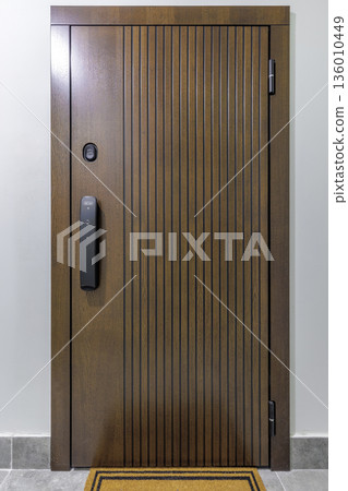Modern wooden entrance door with smart electronic lock and ribbed texture 136010449
