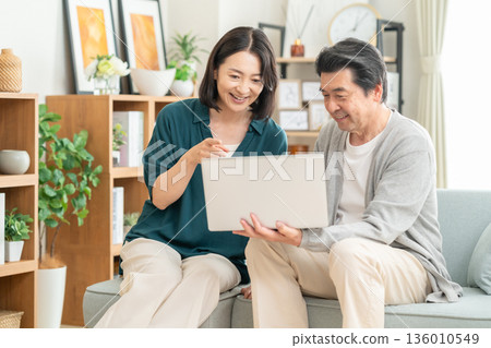 A middle-aged couple looking at a computer at home 136010549
