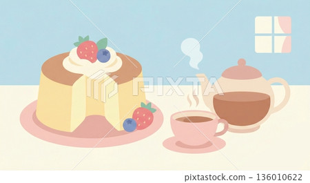 一組插圖，描繪了淋上草莓糖的煎餅 136010622