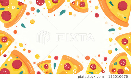 A composition of colorful pizzas and toppings scattered on a white background 136010676