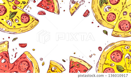白色背景上的隨機擺放的披薩片 136010917