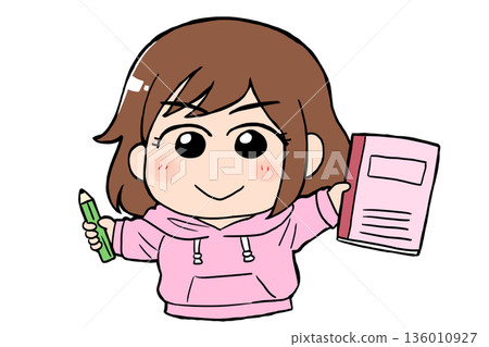 一個女孩正認真地用筆記本和鉛筆學習。新生活,學習,支持 一個女孩正認真地用筆記本和鉛筆學習。新生活,學習,支持 136010927