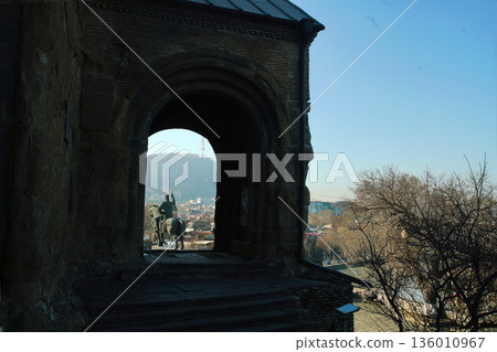 Part of ancient church Metekhi and statue of King Vakhtang Gorgasali 136010967