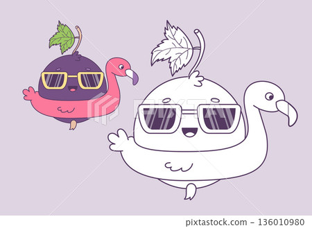 Cute Summer Blackcurrant Character. Coloring Page. Cartoon Berry Currant Mascot with Sunglasses and Inflatable Flamingo. Isolated Color and Outline drawing. Vector illustration. Kids Collection Cute Summer Blackcurrant Character. Coloring Page. Cartoon Berry Currant Mascot with Sunglasses and Inflatable Flamingo. Isolated Color and Outline drawing. Vector illustration. Kids Collection 136010980