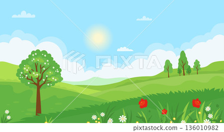 Sunny Spring landscape with flowering tree, hills and blooming Red Poppy and White Flowers. Seasonal Nature poster. Minimal springtime flat horizontal background. Vector illustration. Not AI 136010982