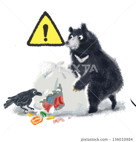 關於亞洲黑熊的警告圖示—黃色三角形警告標誌—注意亂丟垃圾和危險 136010984