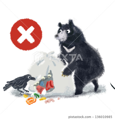 Illustrations warning of Asiatic black bears and crows stealing garbage | Prevention and warning 136010985