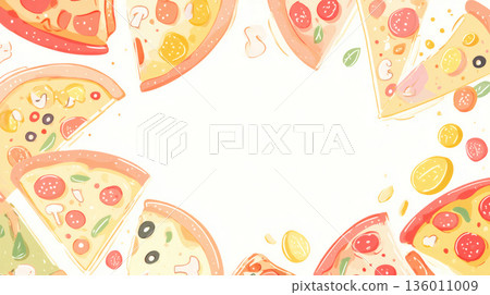 一幅裝飾性插圖，描繪了一圈由彩色披薩片組成的花環，形成一個圓圈。 136011009