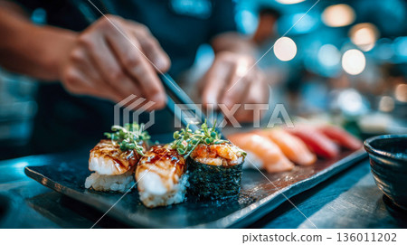 Chef hands plating sushi with tweezers on a black slate plate in a modern restaurant kitchen 136011202
