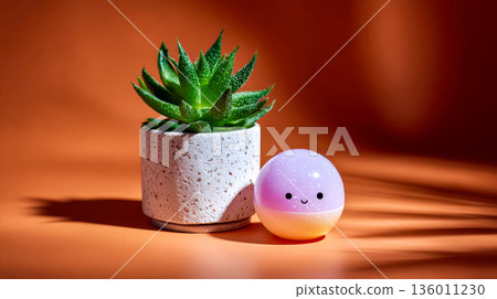 Minimal still life with succulent plant and cute smiling decorative object, playful modern interior and wellbeing concept 136011230